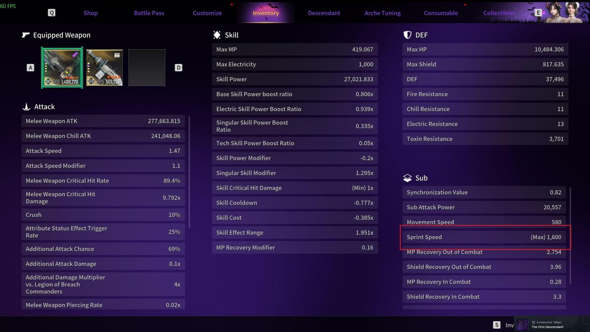 Max Sprint Speed 1600