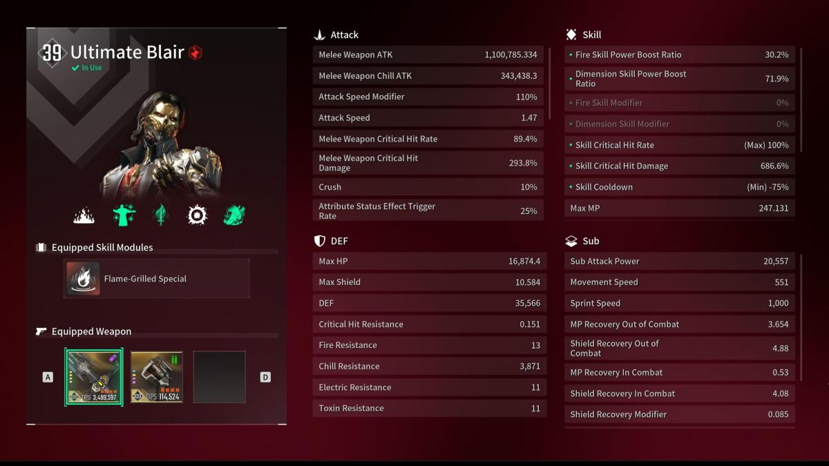 Blair buffed stats combat 100% cirt rate