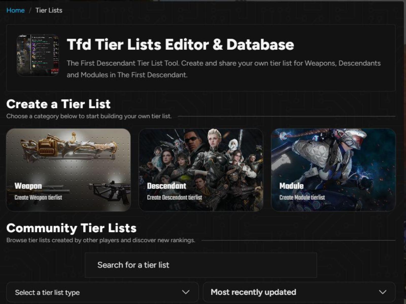 The First Descendant Tier List Create &amp; Share Overview Page